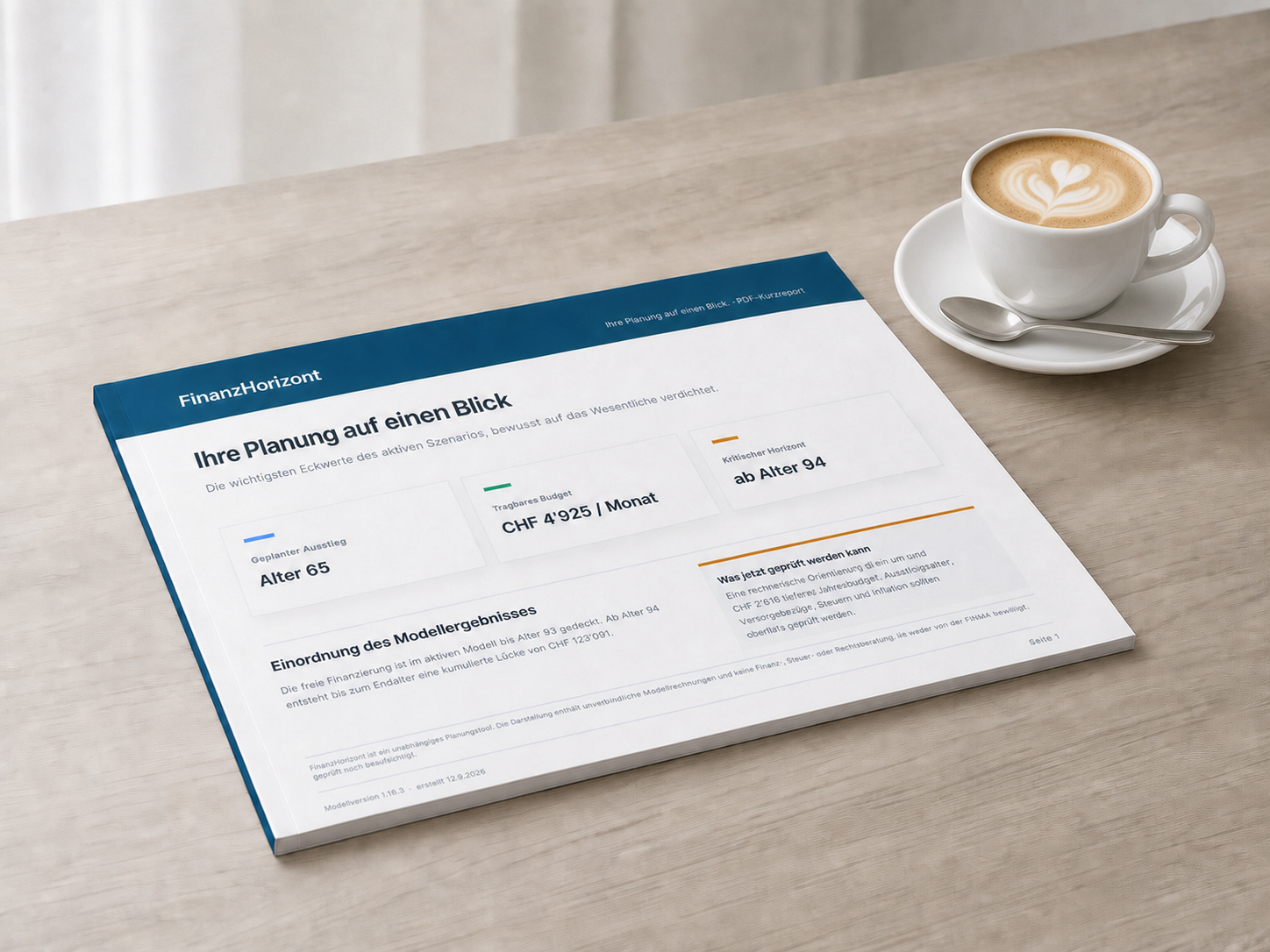 Gedruckter FinanzHorizont-Kurzreport auf einem hellen Holztisch neben einem Cappuccino